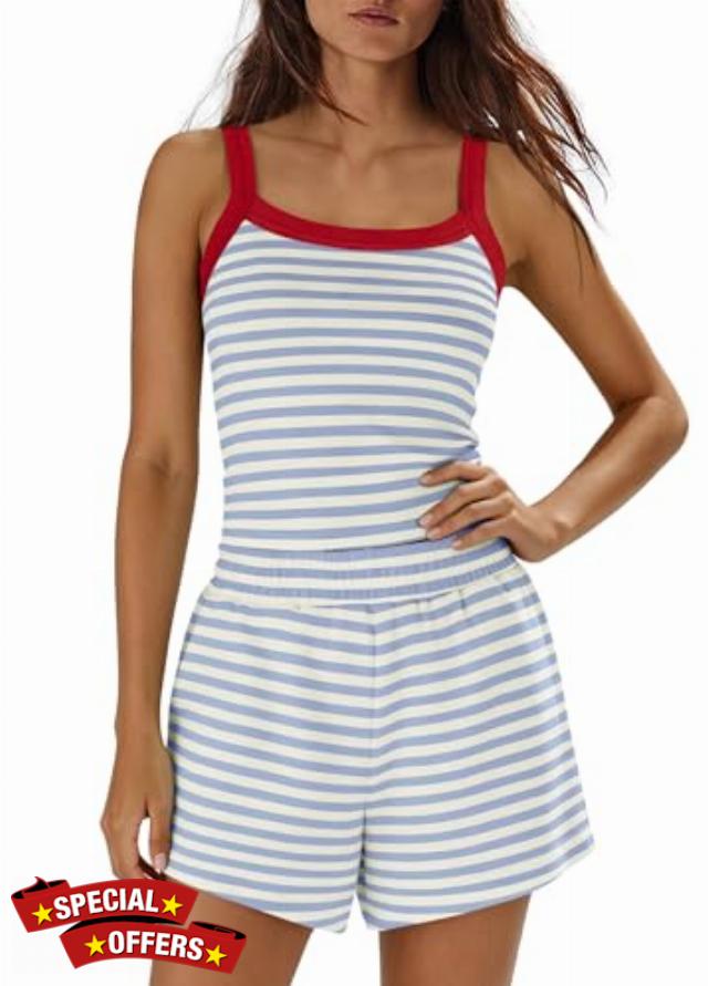 ReachMe Womens Striped Lounge Set Spaghetti Strap Tank High Waist Shorts 2 Piece Sets with Pockets Summer Beach Travel Outfi