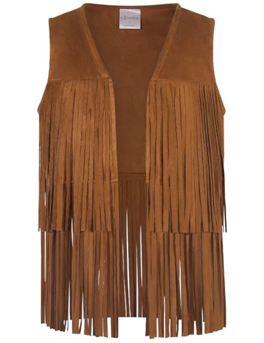 Noomelfish Girls Faux Suede Fringe Vest Sleeveless Boho Tassels Jacket Cardigan (5-12 Years)