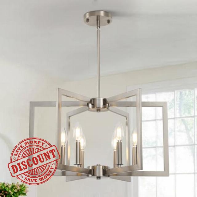 Sigaitwei 6-Light Modern Metal Geometric Chandelier，Kitchen Island Brushed Nickel Lighting Fixtures，Entryway Light Fixture Hanging Brushed Nickel，Farmhouse for Dining Room Chandelie