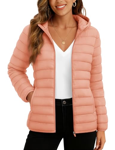 TACVASEN Women's Lightweight Puffer Jacket with Hood Pockets Quilted Padded Full-zip Water-Resistant Winter Coa