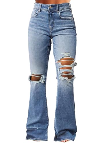 Flamingals Women's Bell Bottom Jeans Flare Distressed Ripped Stretchy Mid Rise Bootcut Denim Jeans