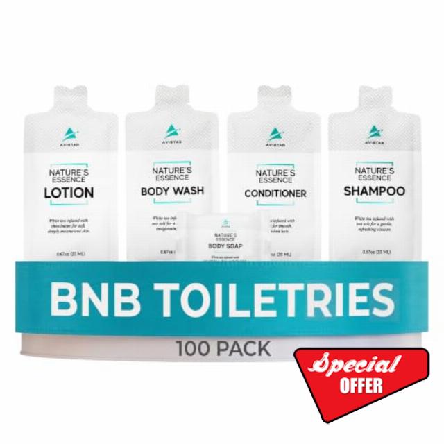 100 Hotel Soap & Bulk Toiletries Packets - Travel Essentials for BnB Hosts & Guests - Hotel Shampoo & Conditioner Supplies for Guests