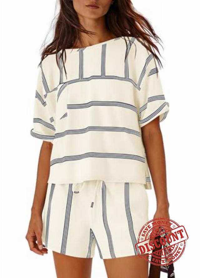 Nirovien Womens Striped Lounge Set 2 Piece Vacation Outfits Short Sleeve Tops and Drawstring Shorts Set with Pockets