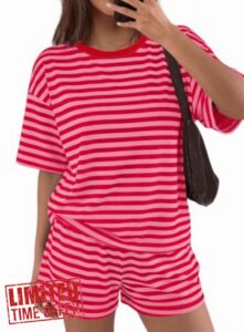 Panadila Womens Striped Short Sets 2 Piece Summer Matching Lounge Sets Short Sleeve T Shirts and Shorts with Pockets