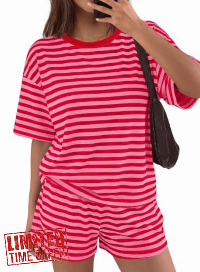 Panadila Womens Striped Short Sets 2 Piece Summer Matching Lounge Sets Short Sleeve T Shirts and Shorts with Pockets