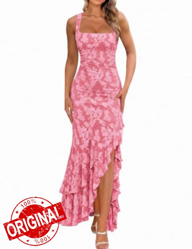 BORIFLORS Women's Elegant Ruched Floral Maxi Dress Mesh Mermaid Ruffle Wedding Guest Cocktail Long Formal Dresses