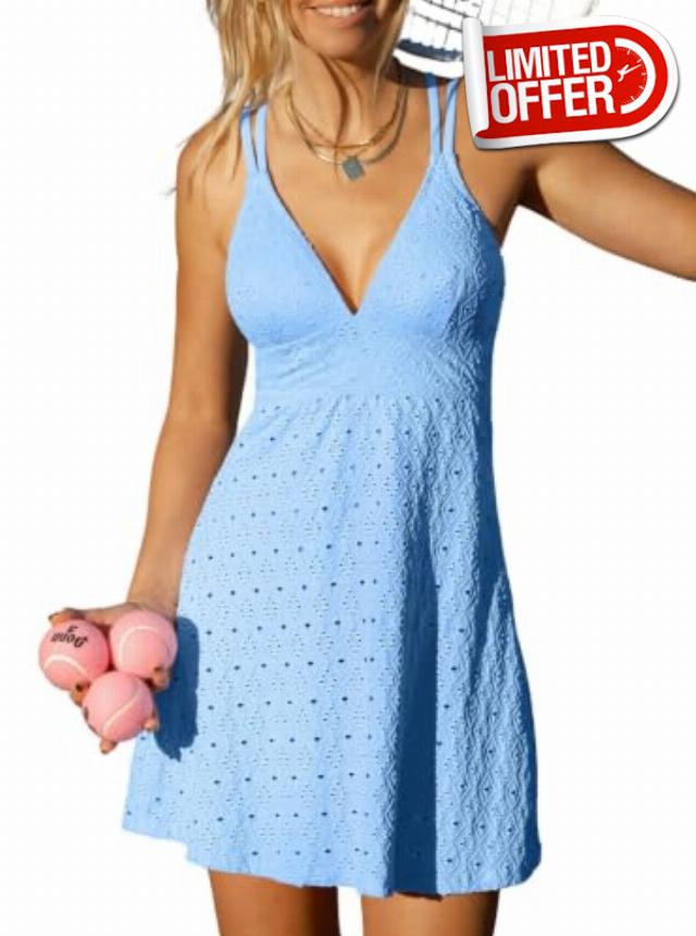 popvil Athletic Dress for Women Built in Shorts V Neck Workout Dress | Breathable eyelet texture