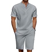 COOFANDY Men's 2 Pieces Linen Set Casual Henley Shirts Short Sleeve Beach Yoga Shorts Summer Pant...