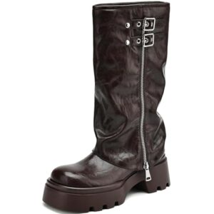 TEAIEUI Knee High Boots Women Chunky Platform Moto Riding Boots Slouchy Fold Over Wide Calf Motorcycle Biker Boots for Women with Fashion Buckle