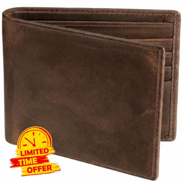 RUNBOX Men's Full Grain Leather Bifold Wallet - Crazy Horse RFID Blocking Slim Wallet with 2 ID Windows