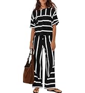 Nirovien Womens Striped Lounge Set 2 Piece Vacation Outfits Short Sleeve Tops and Drawstring Shor...
