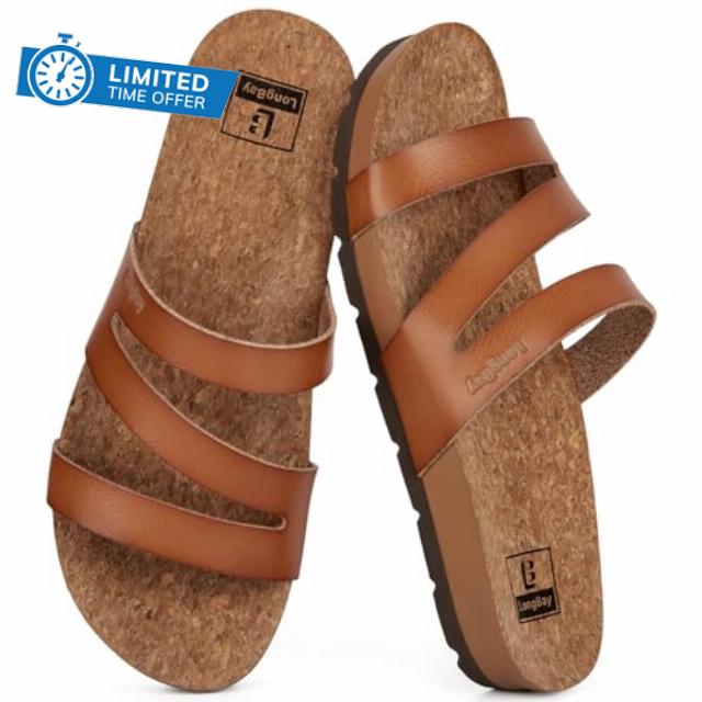LongBay Women's Flat Sandals Casual Strappy Slides with Arch Support Non-Slip Comfortable Lightweight Walking Sandals for Summer Beach Vacatio