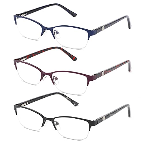 3-Pack Reading Glasses for Women Blue Light Blocking Metal Half Frame Computer Readers Anti UV/Eye Strain/Glare