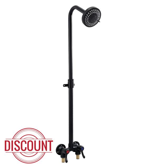 Outdoor Shower Kit Dual Handle Extendable Exposed Pipe Outdoor Shower Fixtures System with ABS 5 Spray Mode Settings Showerhead Solid Brass 4 Inch Center Mix Valve Matte Black
