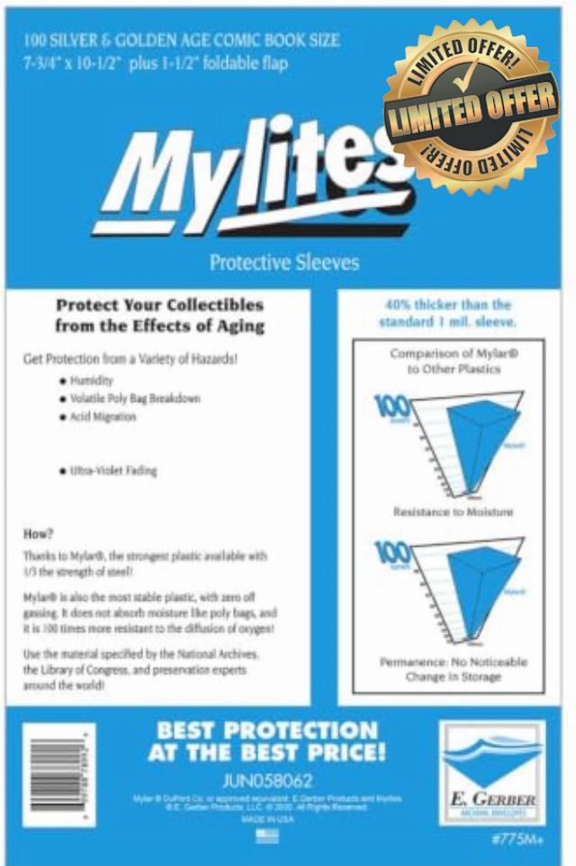 E. Gerber Mylites+ - Silver & Golden Age Comic Book Size Archival Sleeves 7 3/4" X 10 1/2" Plus 1 1/2" Flap