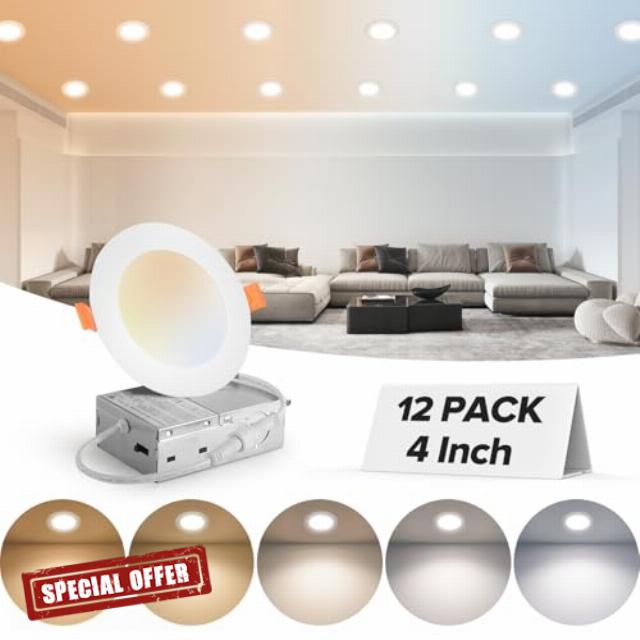 MAILCOS 12 Pack 4 Inch 5CCT Ultra-Thin LED Recessed Ceiling Light with Junction Box