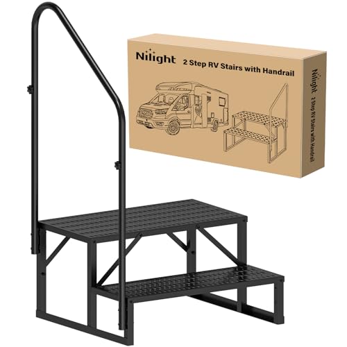 2 Steps Hot Tub Steps Outdoor RV Stairs Step Portable Mobile Motor Home Stairs for Camper Travel Trailers Dock Entry Steps 5th Wheel RV Porch with Anti-Slip Handrail