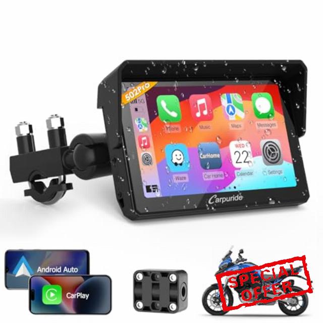 Carpuride W502PRO for Motorcycle CarPlay& Android Auto& Dual Bluetooth - 5" Waterproof GPS Navigation Screen for Motorbike
