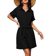 Rianclud Linen Jumpsuits for Women Casual Summer Dressy Short Sleeve Button Down Belted Waist Sho...