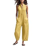 Rianclud Linen Jumpsuits for Women Dressy Summer Sleeveless Button Up Wide Leg Jumpsuit Casual Lo...