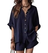 Rianclud Linen Short Sets for Women 2 Piece Summer Lounge Set Batwing Sleeve V Neck Button Down S...
