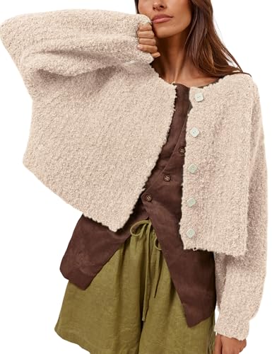 Lviefent Women Knit Cardigans Fluffy Casual Open Front Button Down Long Sleeve Cropped Sweater Jacket Outwea