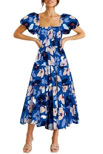 GOLDSTITCH Women's Smocked Maxi Dress Square Neck Ruffle Hem Puffy Short Sleeve Flowy Midi Dress