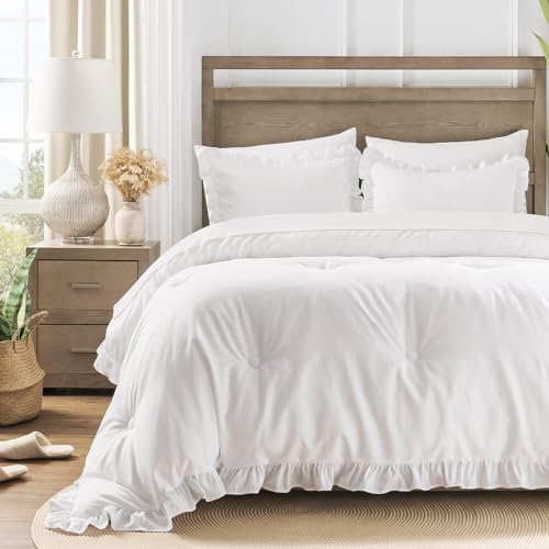Ruffle Shabby Chic Bedding Comforter Set White Bed Set with Comforter