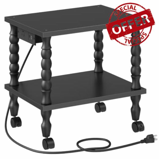 HOOBRO 2-Tier Printer Stand Solid Wood Legs | Printer Table with Charging Station