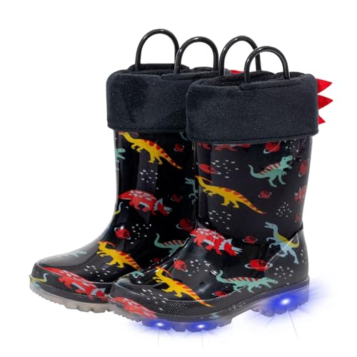 EUXTERPA Toddler Kids Light Up/Solid Color Rain Boots Waterproof Warm Fleece Lined Boots for Boys Girls Winter Snow Boots