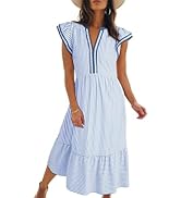 Rianclud Midi Dresses for Women Spring Summer V Neck Ruffle Cap Sleeve Empire Waist Striped Dress...
