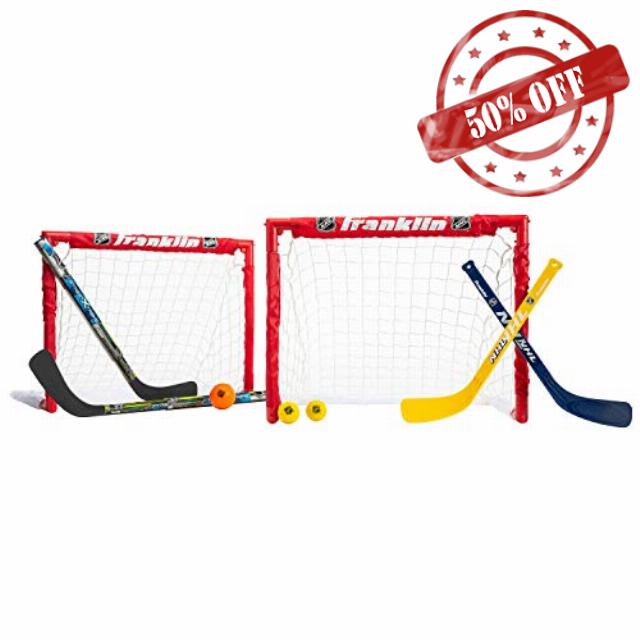 Franklin Sports - NHL Kids Folding Hockey Goals Set - (2) Street Hockey & Knee Hockey Goals - (2) Adjustable Youth Hockey Sticks