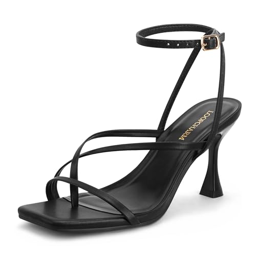 Women's Strappy High Heels Sandals Square Open Toe Ankle Strap Slingback Thong Stilettos Shoes for Wedding