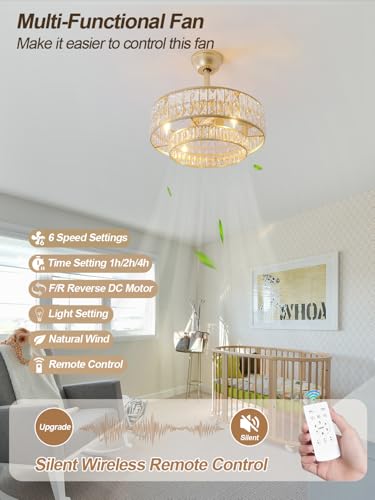 Modern Caged Flush Mount Fandelier with 6 Speeds for Living Room Bedroom Nursery