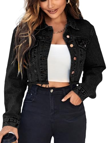 Floerns Women's Raw Hem Long Sleeve Button Down Pocket Cropped Denim Jean Jacke
