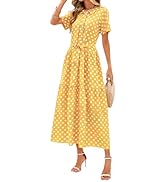 Womens Polka Dot Linen Dress Summer Short Sleeve Button Belted Waist Maxi Shirt Dresses A Line Lo...