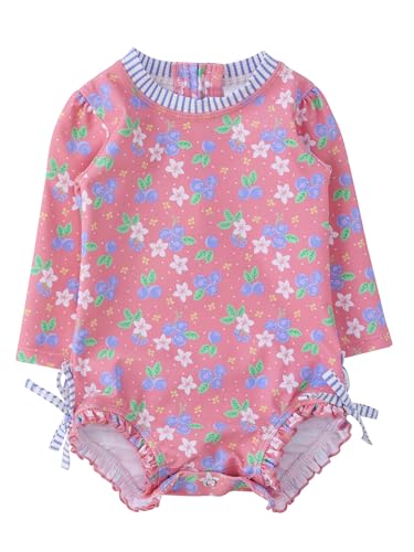 RuffleButts Baby Girls UPF 50+ Sun Protection Floral Printed Long Sleeve One Piece Rash Guard Swimsuit with Zippe