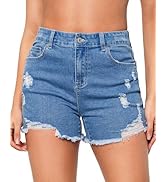 LookbookStore Jean Shorts for Women High Waisted Distressed Frayed Raw Hem Ripped Stretchy Denim ...
