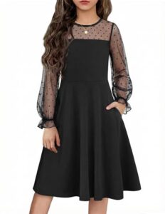 Flypigs Girl's Dress Sheer Mesh Puff Long Sleeve High Waist Party Dresses with Pockets for 6-13 Years