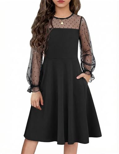 Flypigs Girl's Dress Sheer Mesh Puff Long Sleeve High Waist Party Dresses with Pockets for 6-13 Years