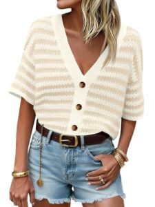 Saodimallsu Womens Short Sleeve Striped Cardigan Sweaters Crochet Knit Button Down Shirts V Neck Spring Summer Tops