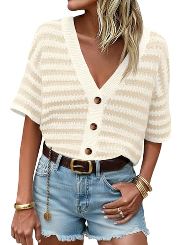 Saodimallsu Womens Short Sleeve Striped Cardigan Sweaters Crochet Knit Button Down Shirts V Neck Spring Summer Tops
