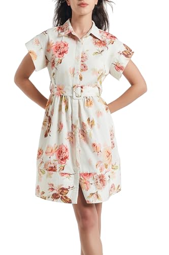 D-Sun Women Button Down Shirt Dress V-Neck Floral Printed Short Sleeve Mini Dress Casual Belted Short Party with Pocke