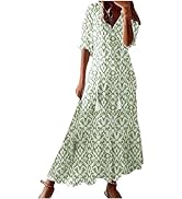 Rianclud Women's Maxi Dresses Casual Floral Print 3/4 Ruffle Sleeve Dress V Neck A Line Long Dres...