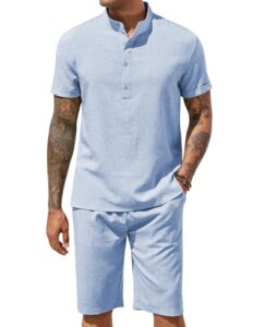 COOFANDY Men's 2 Pieces Set Short Sleeve Henley Shirts and Shorts Set Texture Summer Beach Vacation Outfits