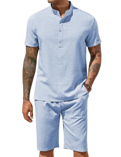 COOFANDY Men's 2 Pieces Set Short Sleeve Henley Shirts and Shorts Set Texture Summer Beach Vacation Outfits