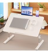 Foldable Laptop Table with Storage Drawer, Portable Bed Desk for Laptop, Computer Tray with Cup H...