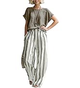 Rianclud Linen Two Piece Set Women Summer Matching Lounge Sets Short Sleeve Tops Striped Wide Leg...