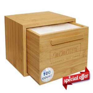 WOWOTEX Luxe Bamboo Towel Container (Bamboo Box Towel Holder) with Disposable Face Towels Biodegradable Large Dry Wipes 100 Count Extra Thick Soft Clean Facial Towels for Facial Cleansing