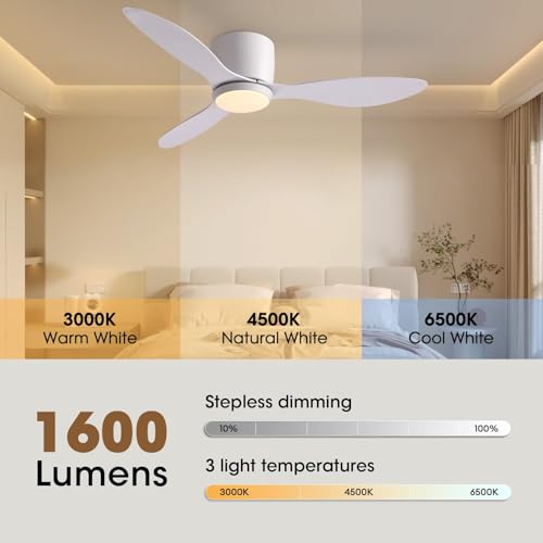 Flush Mount Ceiling Fan with Noiseless DC Reversible Motor for Bedroom Indoor Use